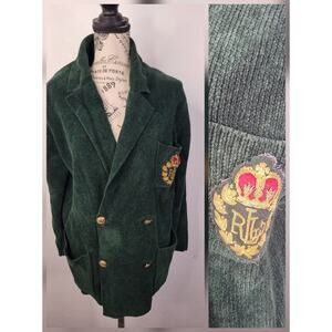 VTG Lauren Ralph Lauren Corduroy Velour Blazer S LRL Crest Patch Jacket Green